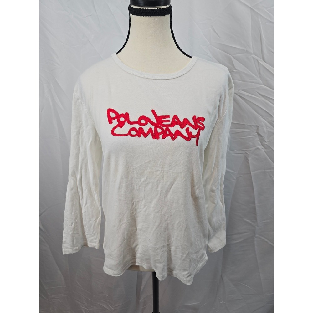 Polo Jeans Company Ralph Lauren Womens White Long Sleeve Crew Neck Graphic T XL